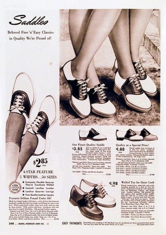 1940s vintage ad for Saddle shoes as seen in a vintage catalog featuring shoes in different price ranges. 