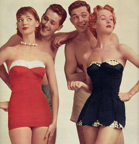 1950s swimsuits vintage ad featuring men and women swimsuits. 