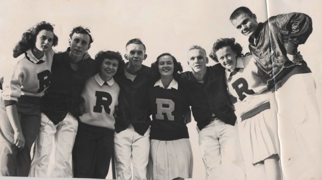 1950s vintage photo of 1950s Cheerleaders in 1950s cheerleading uniforms. 
