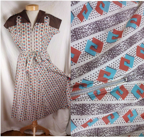 1950s Fashion: 1950's house dress for women. Vintage 1950s dress