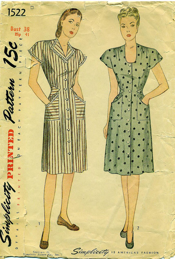 1940's House Dress vintage sewing pattern. 1940s fashion.