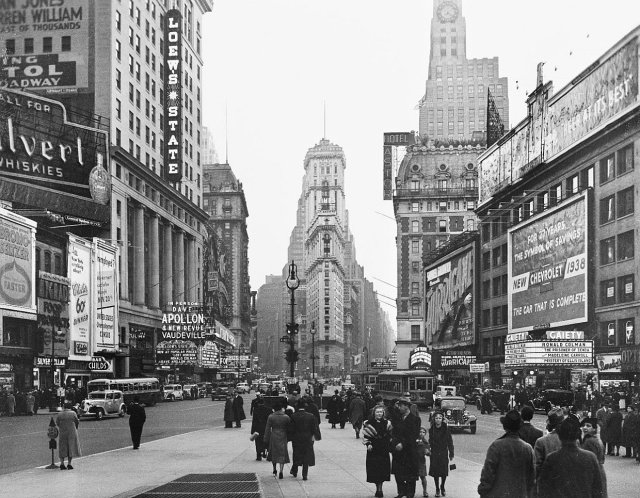 1930s vintage photo of Times Square in 1938. 