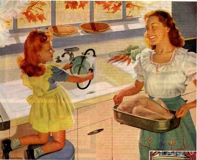 1940s Thanksgiving illustration featuring a mom and daughter cooking a turkey and washing dishes together. 