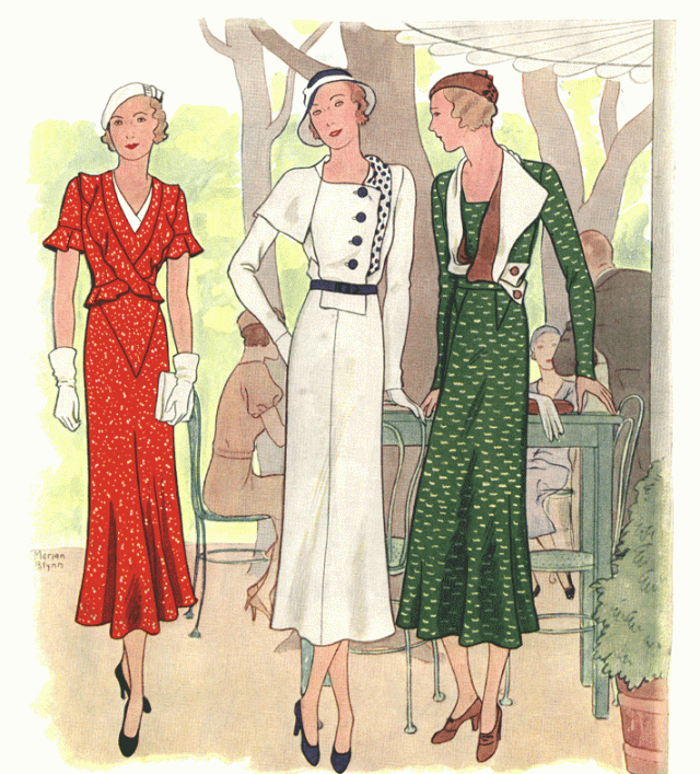 1930 fashion Illustration featuring women's 1930s dresses. 