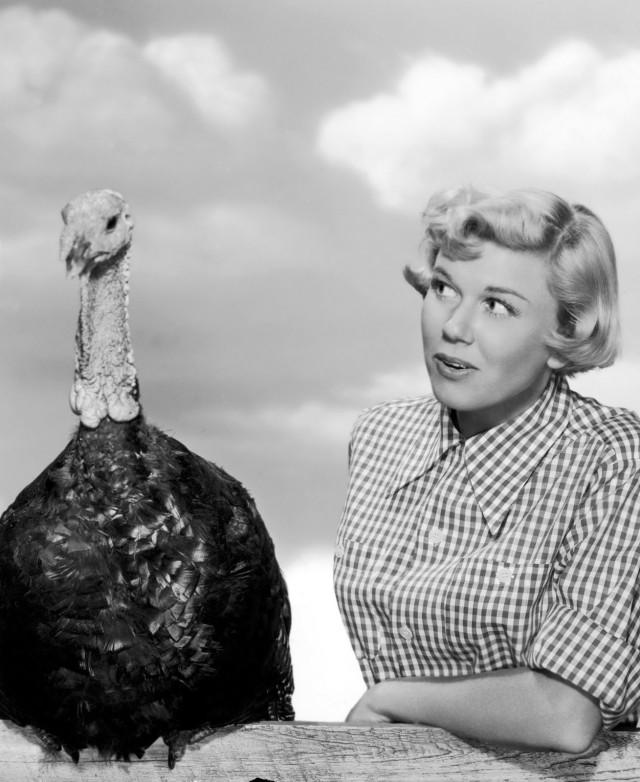 Vintage photo of Doris Day posing with a Turkey for Thanksgiving. 