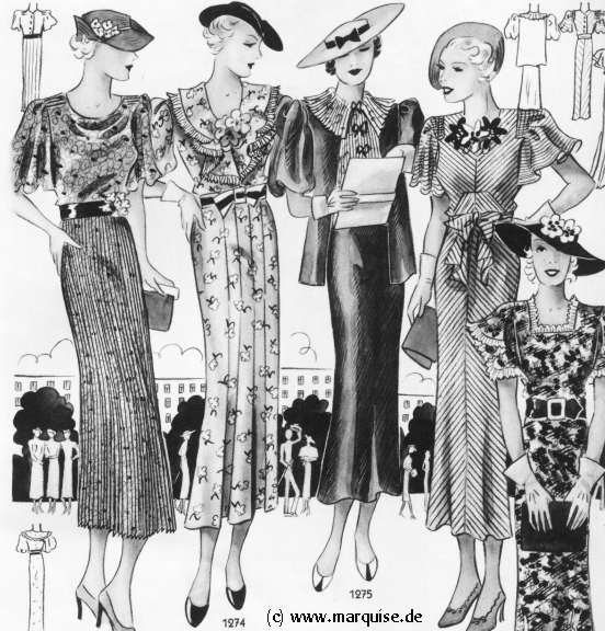 1930s fashion illustration featuring women's 1930s dresses. 