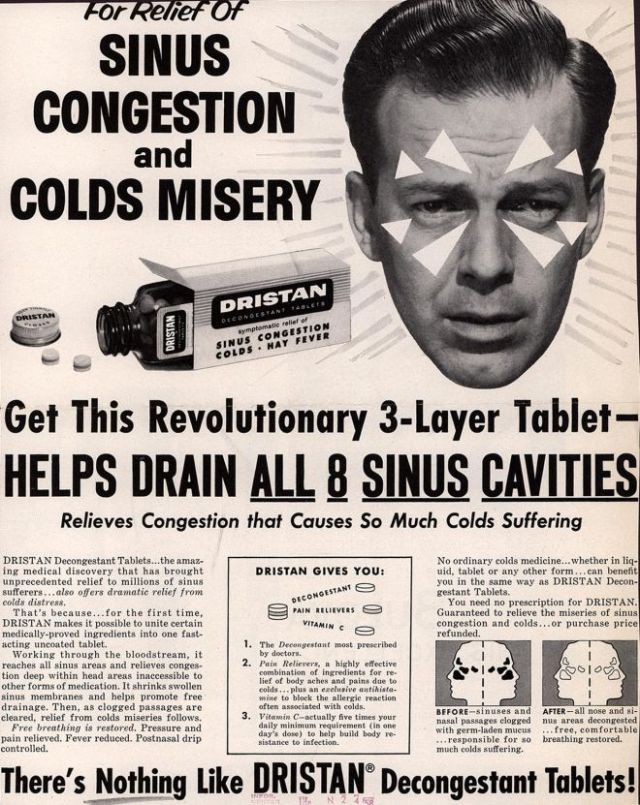 1950s cold medicine ad -1950s vintage ad for Dristan decongestant tablets.