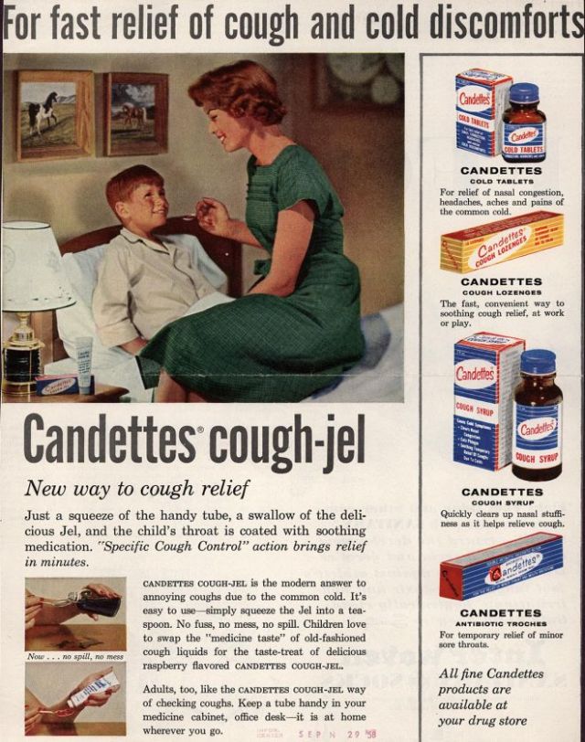 1950s cold medicine ad for Candettes cough-jel new way to cough relief featuring a 1950s mother taking care of her child. 