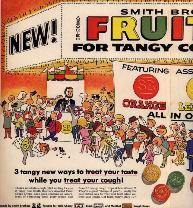 1950s cold medicine ad. 1950s vintage ad for 'Smith Brothers Assorted Fruit Cough Drops". 
