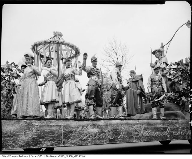 1950s vintage photo: Toronto Santa Claus Parade 1956 -Maypole scene for a Sherwood forest theme.  
