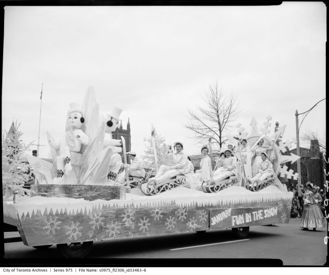 1950s vintage photo of Toronto Santa Claus Parade in 1956 featuring the 'Snow Queens'.