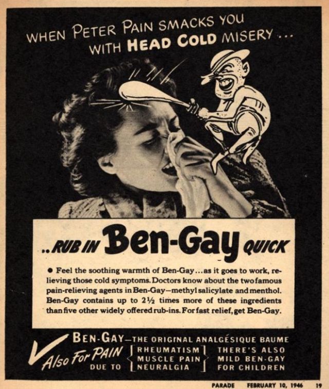 Vintage Ben-Gay ad:  "When Peter Pain smack you with Head Cold Misery....Rub in Ben-Gay quick". Vintage advertisement.