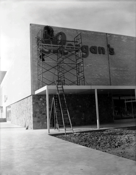 1950s vintage photo of Morgan's Department store sign going up at Hamilton's Greater Shopping Center