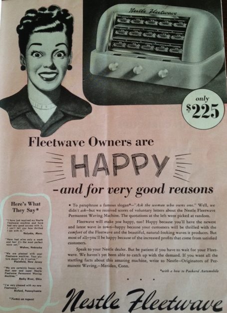 1940s vintage hairdressing ad for Fleetwave by Nestle. Create the perfect 1940s waves for your 1940s hairstyle as seen in a 1940s vintage hairstyling magazine.