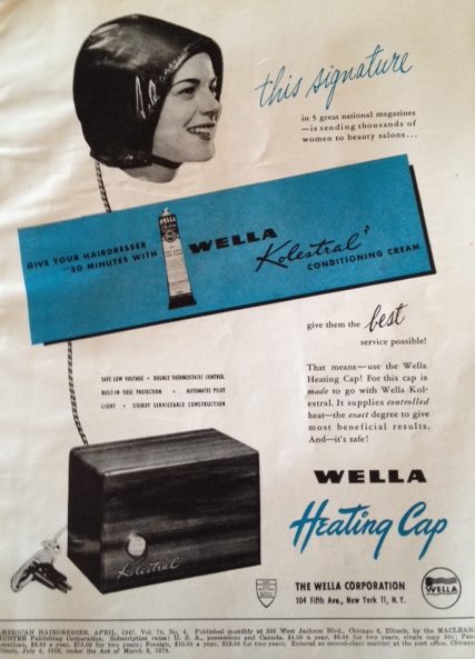 1940s vintage ad for a heating cap that will get your curls dried quick as seen ina  1940s vintage hairstyling magazine. 