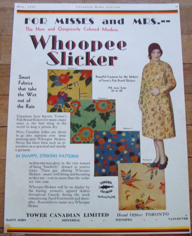  early 1930s Canadian ad for a slicker aka a women's rain coat called "Whooppee Slicker".