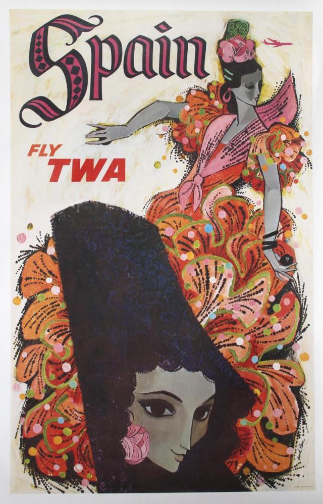 vintage TWA travel poster for Spain featuring an illustration of Flamenco Dancer