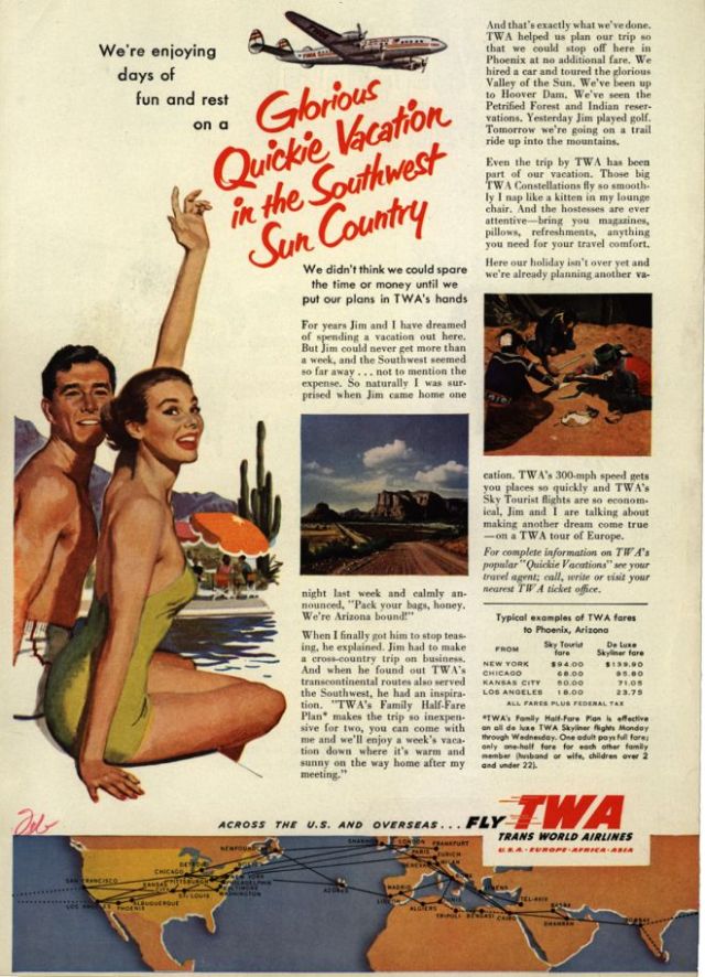 1950s Vintage ad for a Quickie Vacation in the Southwest Sun Country featuring an illustration of a couple in 1950s swimsuits. 