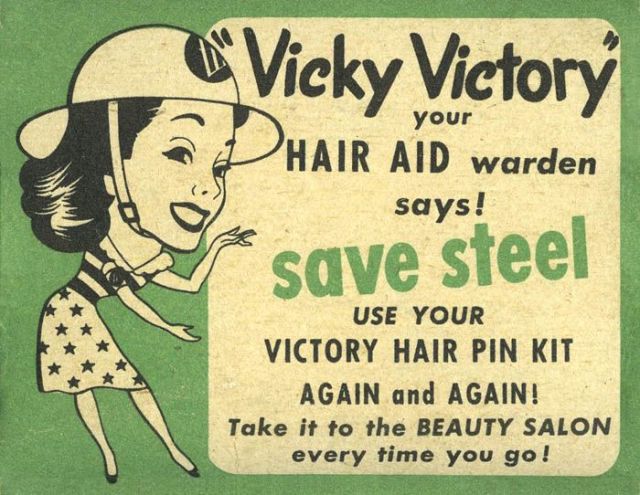 1940s Hair / 1940s Advertising: A 1940s bobby pin box / hair pin box called "Vicky Victory" - Your Victory hair Pin Kit featuring an illustration of a 1940s woman wearing a safety helmet. 