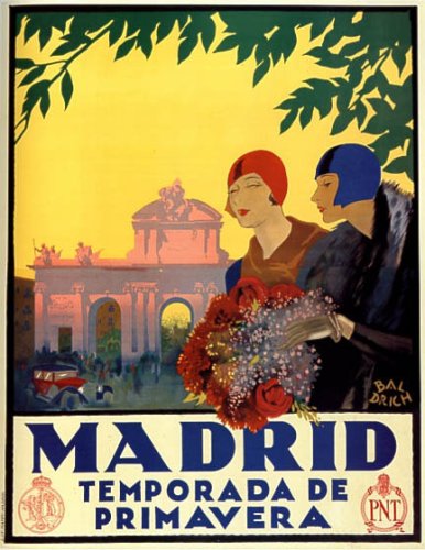 1920s spain travel poster for Madrid featuring two women in 1920s fashions. 