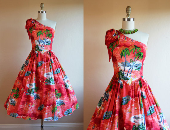 1950s Dress - Vintage 50s Rayon Hawaiian Dress - One Shoulder Novelty Print Fire Red Sundress - Tiki Torch and Surfers