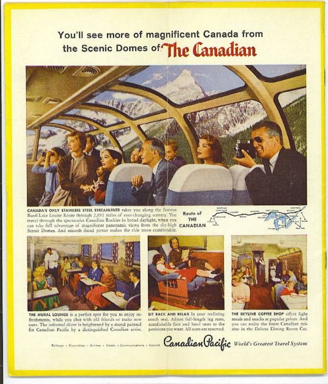 1958 Canadian Pacific Railways Train Ad featuring images of the Scenic Domes on the train, the dining car, the sleeping car and the coffee shop. 