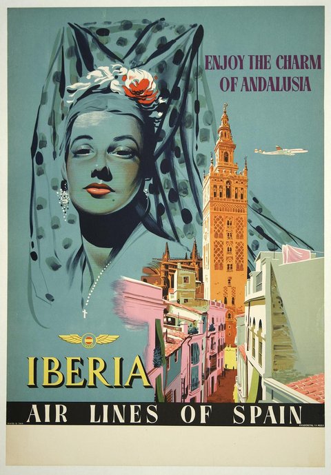 Iberia vintage travel poster for Spain featuring an illustration of the Spanish Senorita. "Enjoy the charm of Andalusia". 