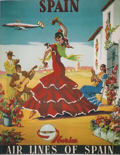 1950s vintage travel poster for Spain- Iiberia airline from 1955 featuring an illustration of Spanish Flamenco Dancers.