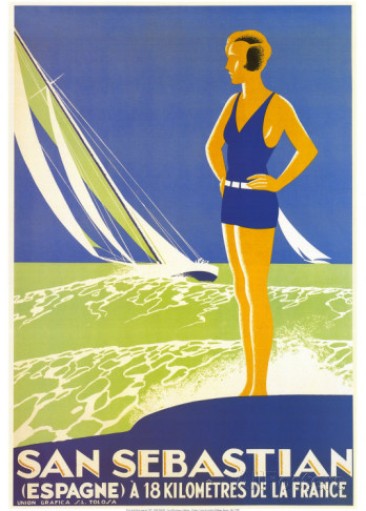 san-sebastian 1930s travel poster for Spain featuring an illustration of a woman in a 1930s swimsuit with a sailboat in the background. 