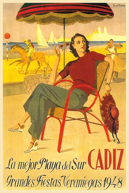 Spain travel poster 1948-1940s vintage travel poster featuring an illustration of a 1940s woman sitting by the beach. 
