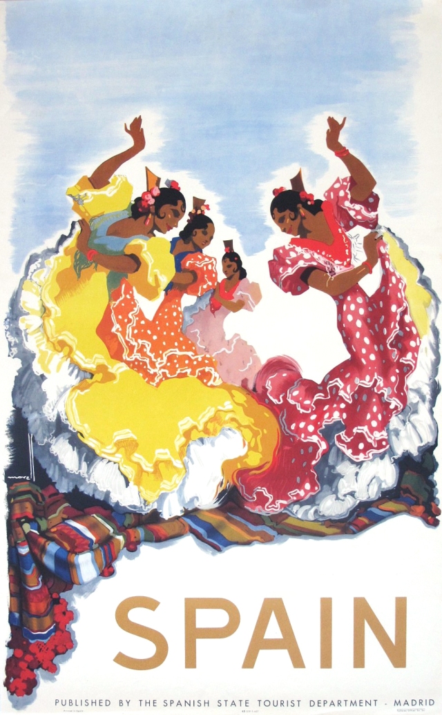Vintage spain travel poster featuring Flamenco Dancers illustration.