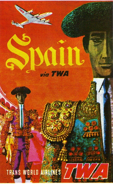 Vintage Travel Poster for Spain via TWA featuring an illustration of two bullfighters. 