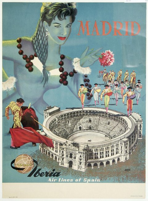 Spain vintage travel poster for Iberia airlines to Madrid featuring an illustration of a senorita, bullfighter