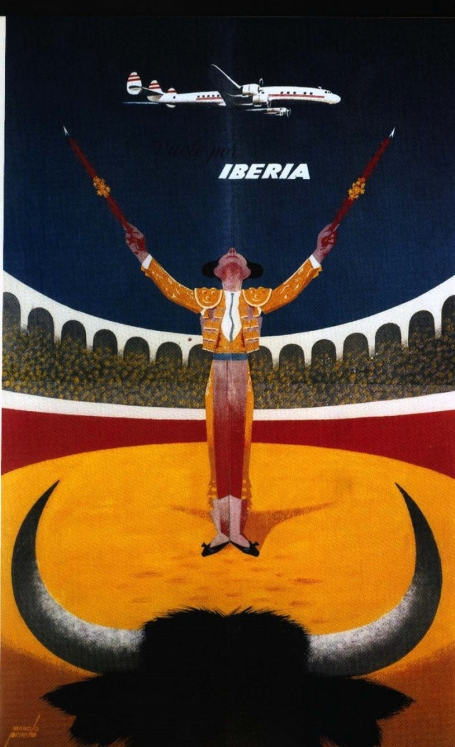 Vintage Spain travel poster featuring an illustration of a bull fighter for Iberia Airlines. 