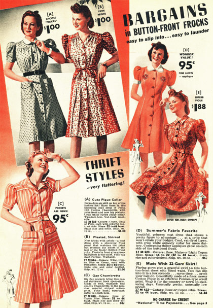 1940s cotton house dresses as seen in a vintage catalog page from the 1940s. 