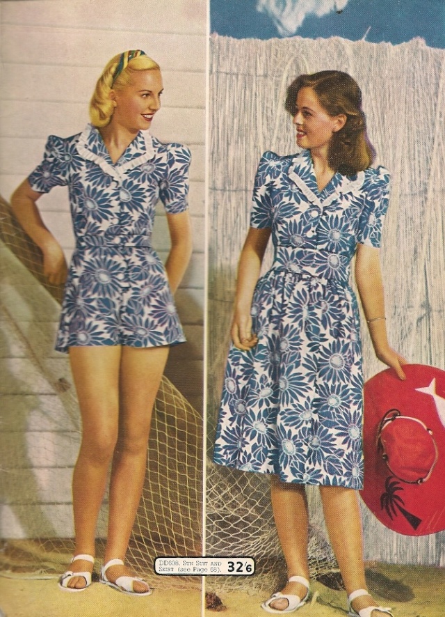 1940s womens fashion: 1940s Playsuit with matching over skirt in a floral pattern. 