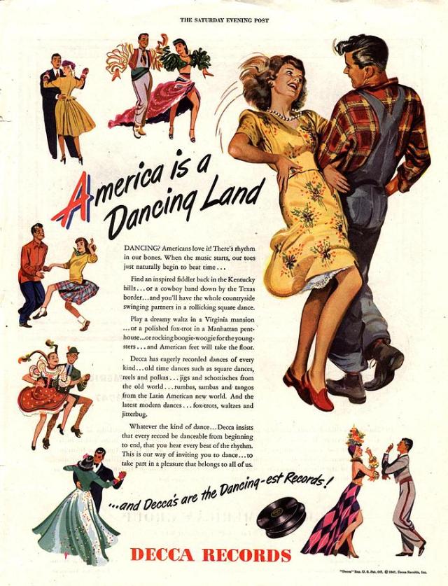 1940s vintage ad for Recca Records featuring illustrations of people dancing different kinds of dances. Like Swing dancing, polka, latin, ballroom. 