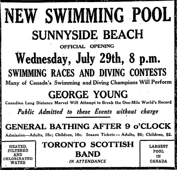 1920s Sunnyside Pool at Sunnyside beach vintage ad advertising it's grand opening in 1925. 