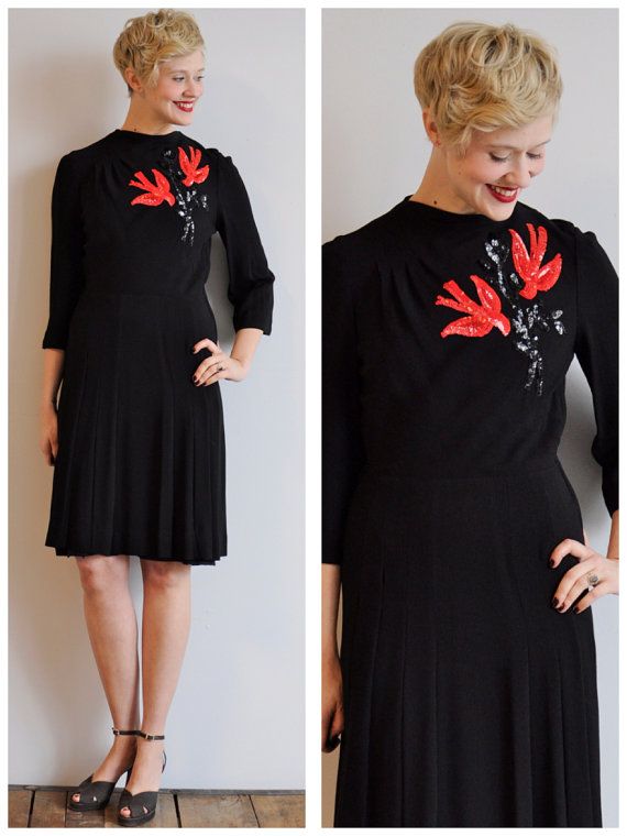 1940s Fashion: 1940's Rayon Gown was the red & black bird sequin detail.