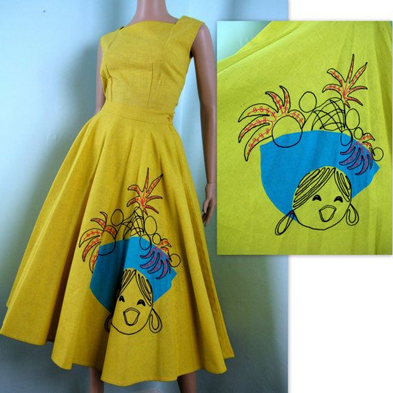 1950s vintage dress with applique of a woman that looks like Carmen Miranda