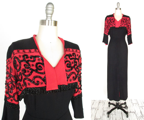 1940s fashion: 1940s vintage color block evening gown.