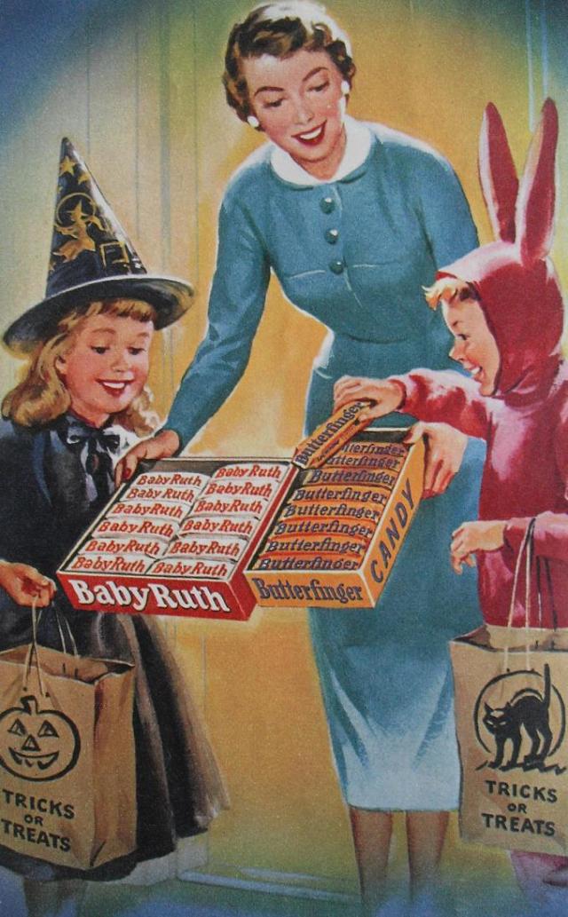 1940s vintage ad for BABY RUTH Butterfinger CURTISS Candy. a Vintage Halloween Advertisement featuring kids in Halloween costumes trick or treating.