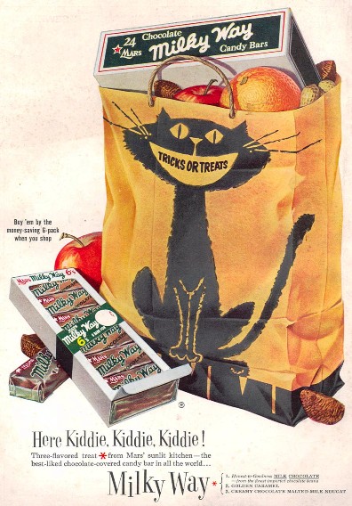Vintage 1940s halloween candy ad for Milky Way Candy Bars featuring a black cat on a trick or treat bag. 