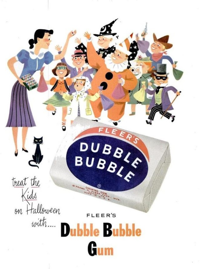 Vintage 1950s  ad for Dubble Bubble gum ad for Halloween candy featuring an illustration of kids in Halloween costumes trick or treating. 